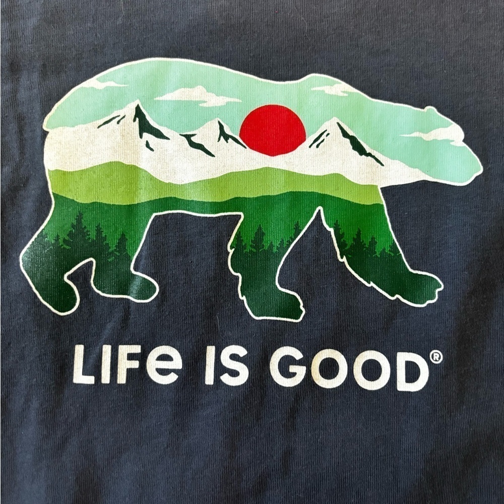 Life is good women’s size medium tshirt. Blue with bear mountain design.